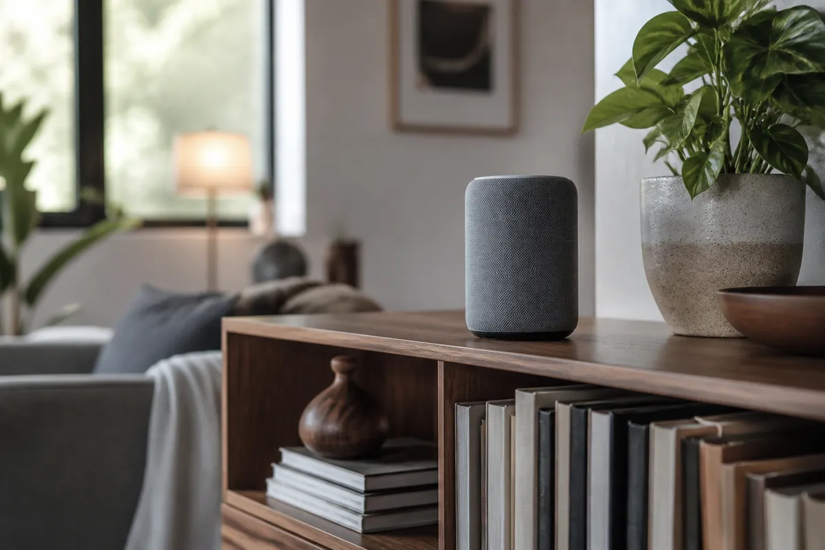 Altavoz inteligente cilíndrico en estantería de salón