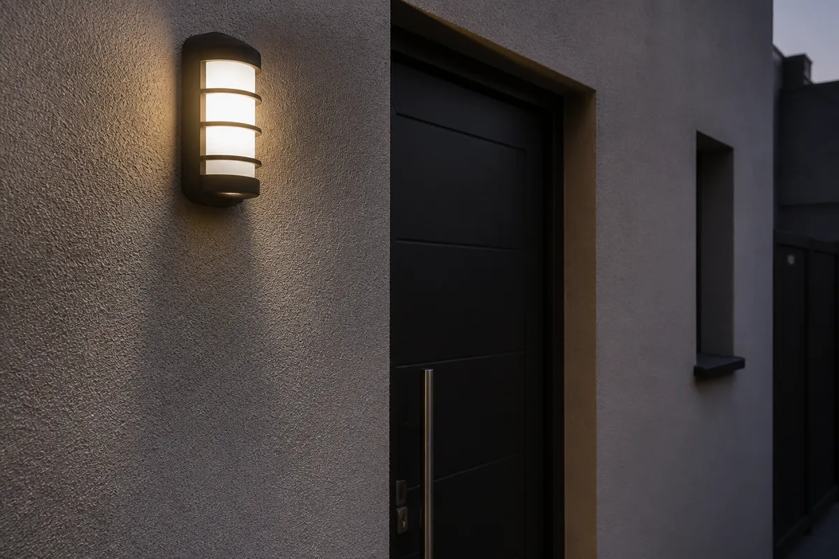 Aplique de fachada encendido al anochecer en una vivienda