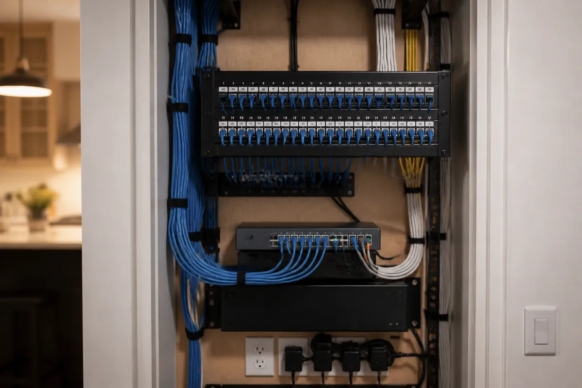Panel de cableado Ethernet ordenado en cuadro de comunicaciones