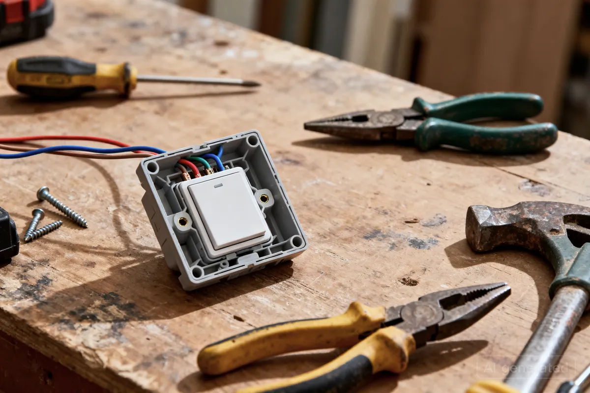Caja de mecanismos abierta con cableado ordenado