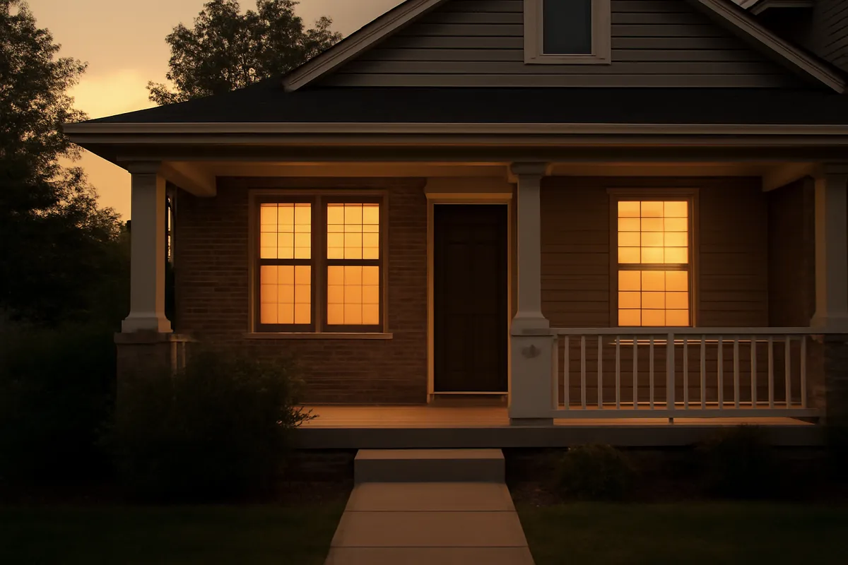 Fachada de vivienda con luces interiores al atardecer