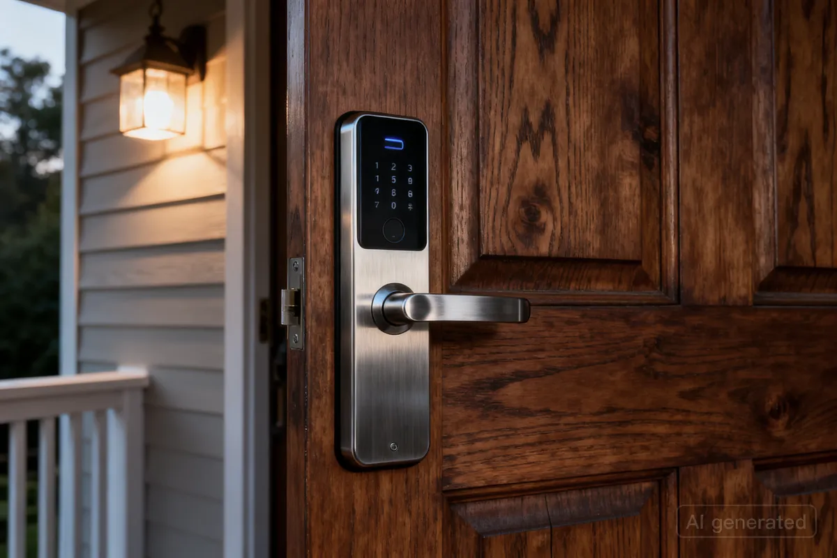 Cerradura electrónica en puerta de entrada vista de detalle