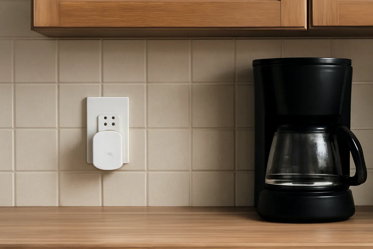 Enchufe inteligente junto a zona de café en cocina