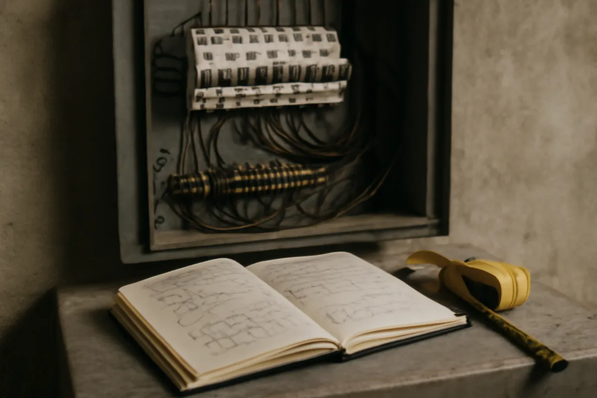 Cuaderno y metro junto a un cuadro eléctrico doméstico