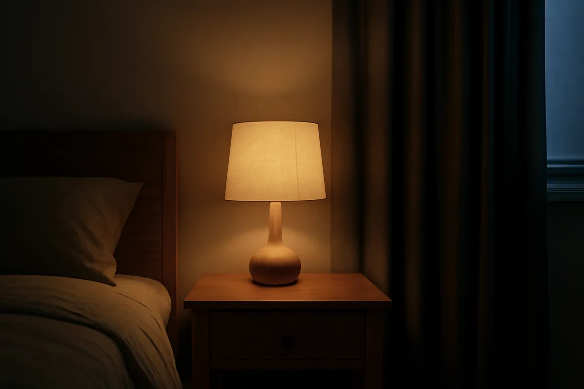 Dormitorio con luz cálida tenue y persianas cerradas