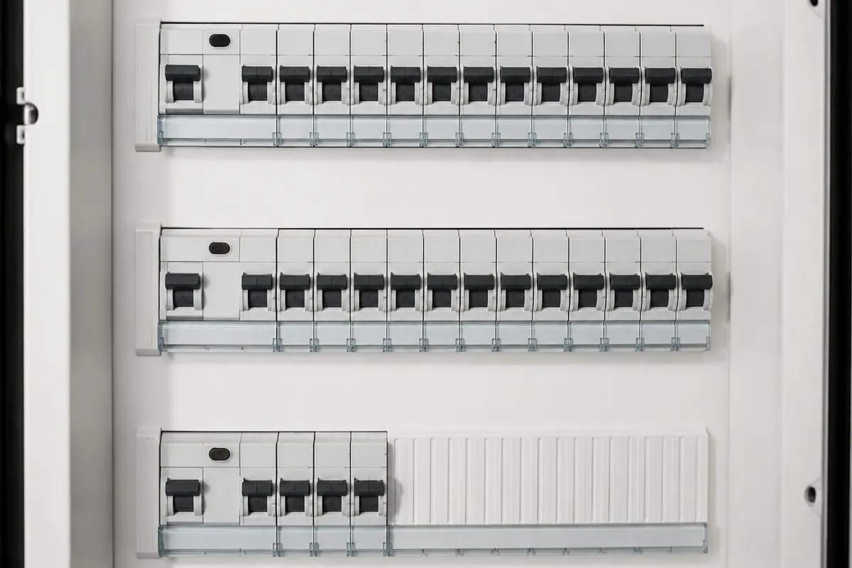 Filas de interruptores en un cuadro eléctrico de vivienda
