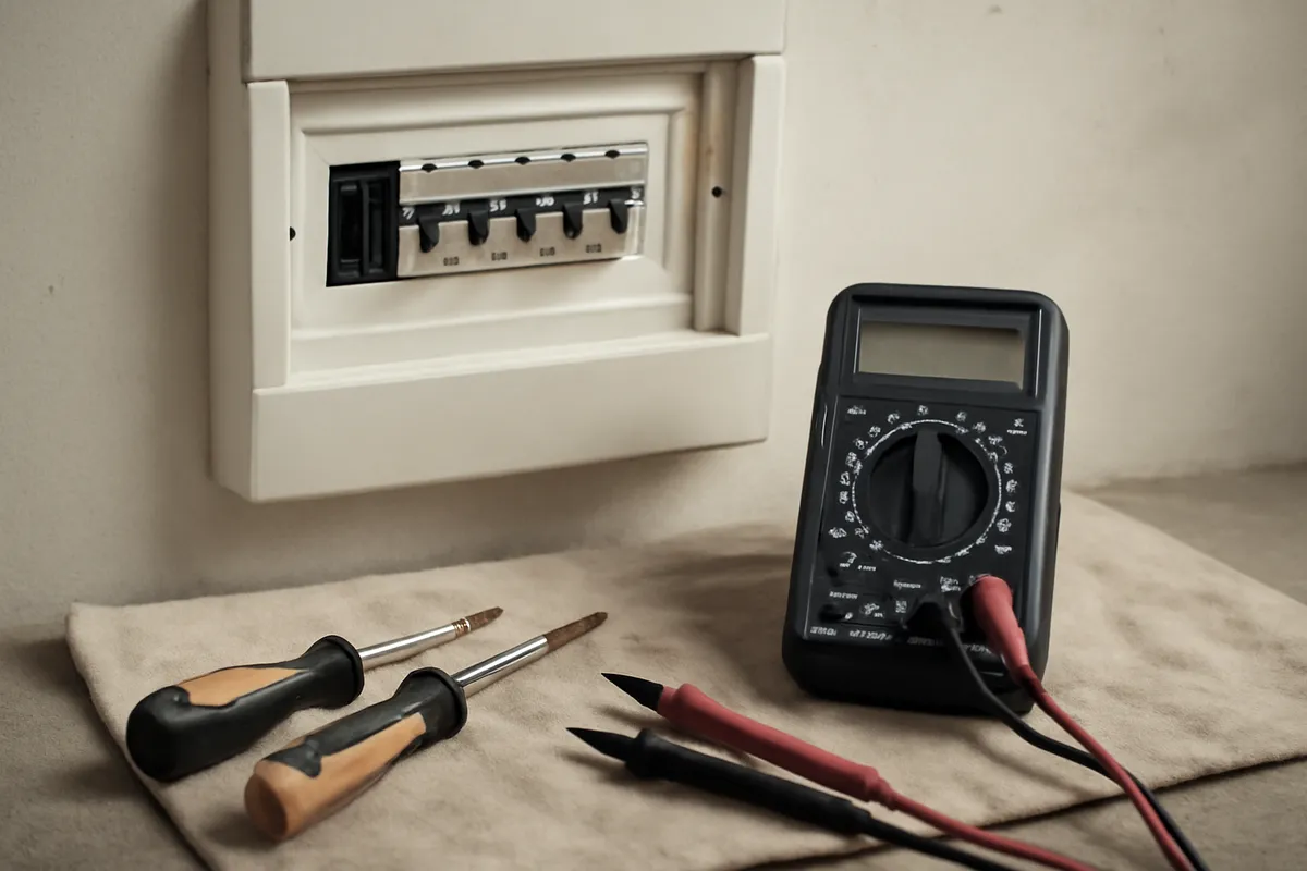 Polímetro y destornilladores junto a un cuadro eléctrico doméstico