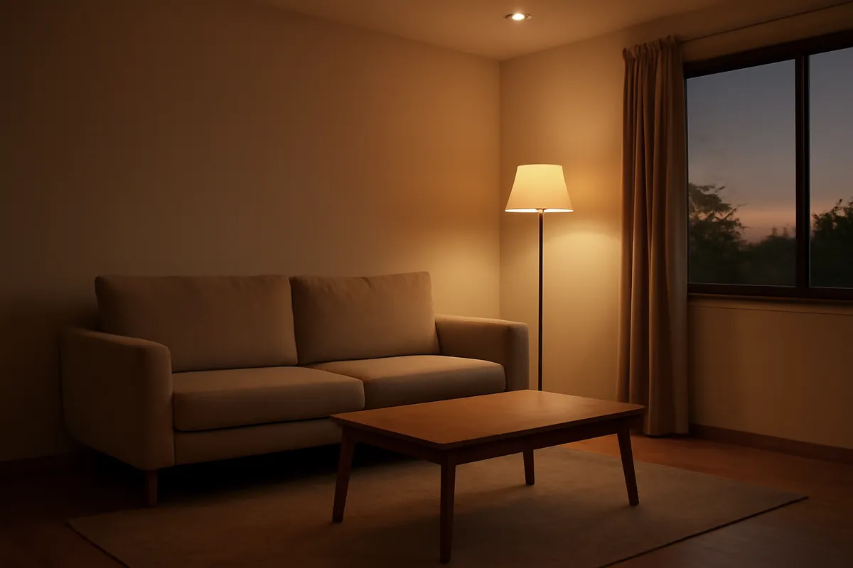 Salón con iluminación LED de techo y lámpara de pie