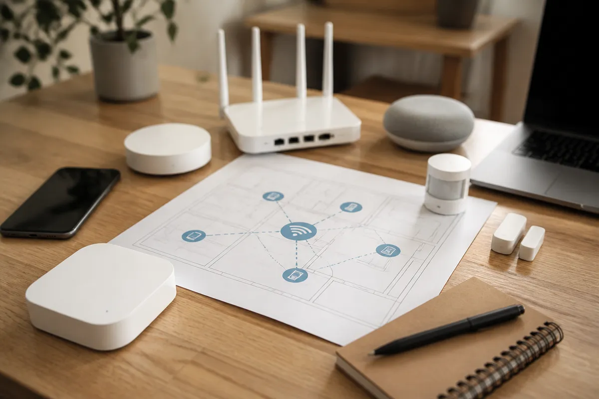 Esquema de red doméstica con router, hub y sensores sobre mesa de trabajo
