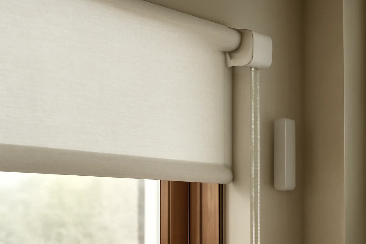 Ventana con persiana enrollable motorizada entreabierta