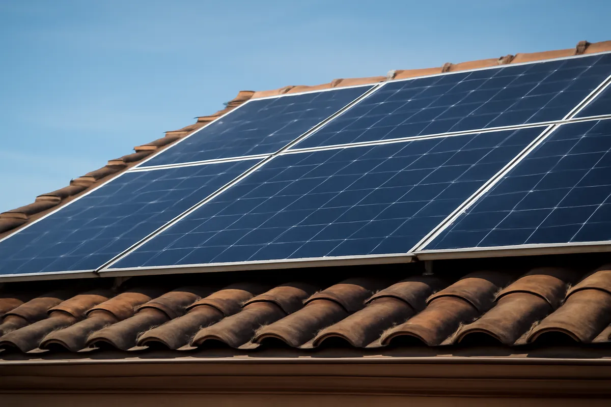 Placas solares en tejado residencial bajo cielo despejado