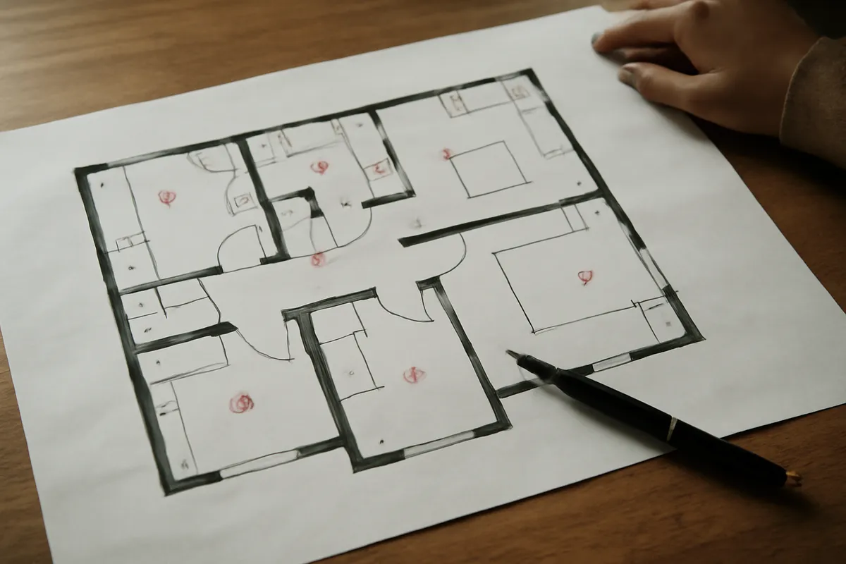 Plano de vivienda con puntos de luz marcados