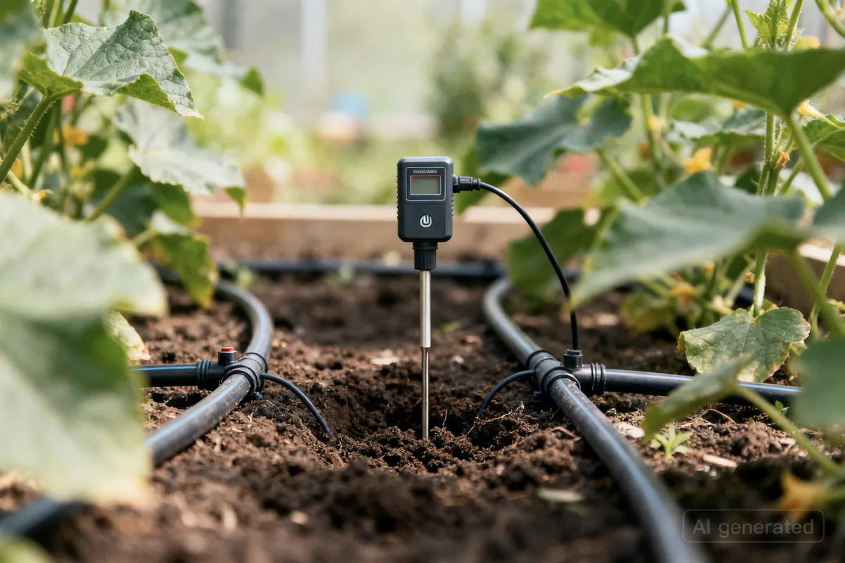 Sistema de riego y sensor de humedad en jardín doméstico