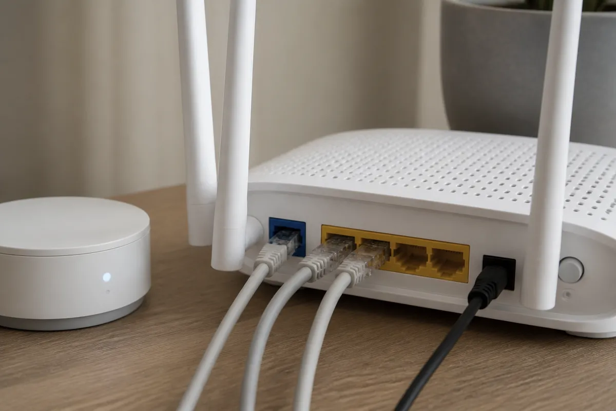 Router doméstico y hub de sensores sobre una mesa de trabajo