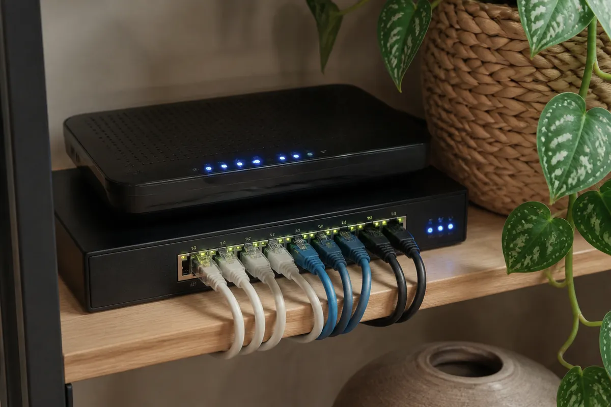 Router y puntos de acceso en estantería de red doméstica