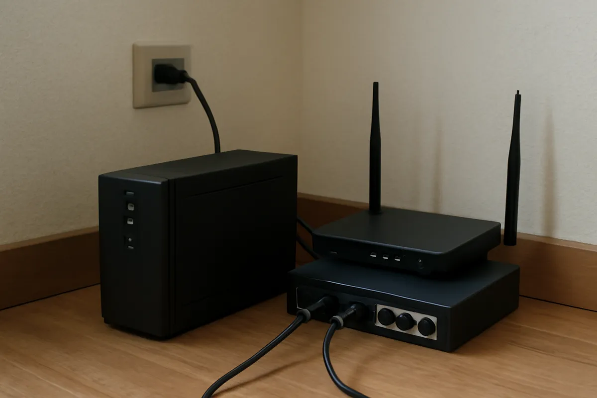 SAI compacto alimentando un router doméstico