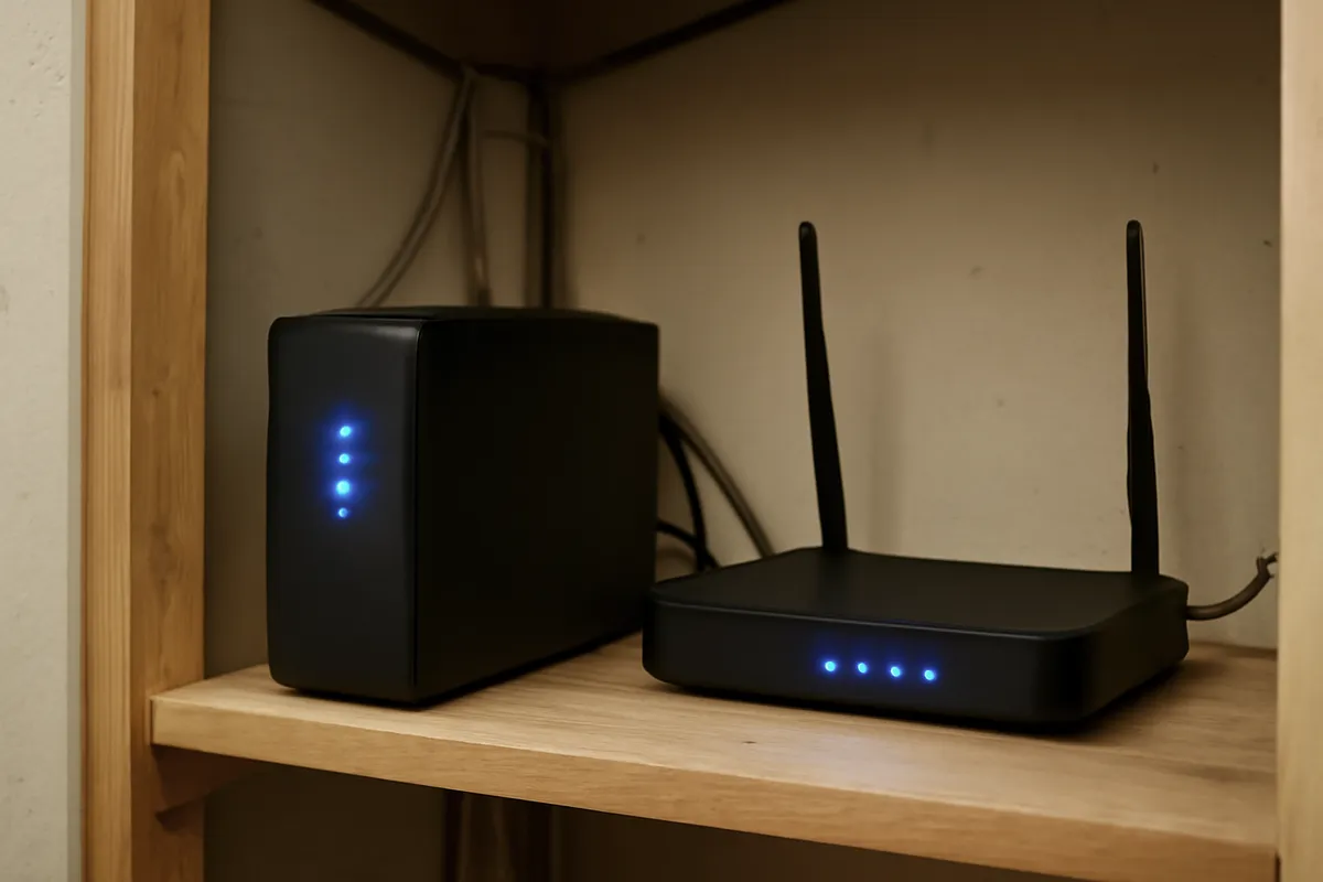 SAI alimentando router y hub en armario técnico