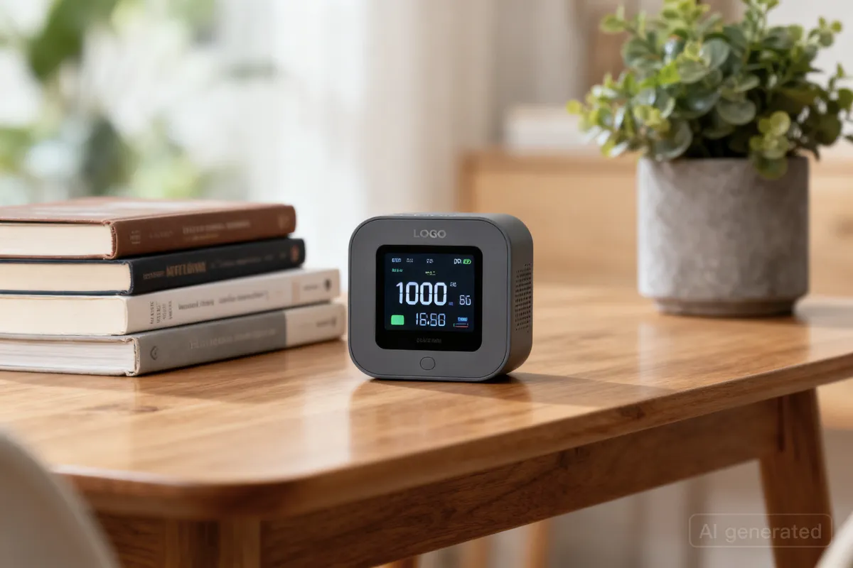 Sensor de calidad del aire sobre estantería en salón